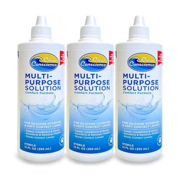 Clear Conscience Contact Lens Solution 12oz - Multi-Purpose Soft and RGP Contact Lens Cleaner Eye Contact Solution - Sterile Isotonic Contact Lenses Solution - Saline Solution for Contact Lenses