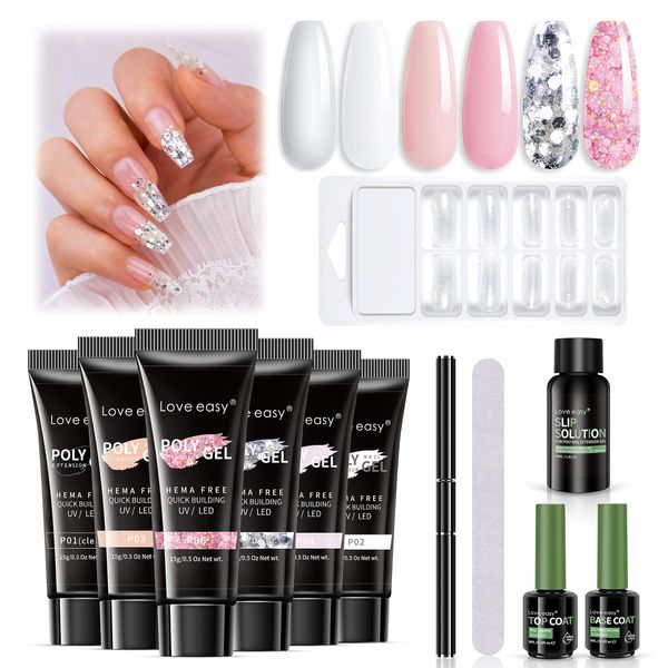 Love easy Poly Nail Extension Gel Kit- 6 Colors Poly Nail Gel Kit Clear Nude Pink Glitter White French All In One Kit Builder Gel with Base Top Coat Set Slip Solution Nail Forms Christmas gift