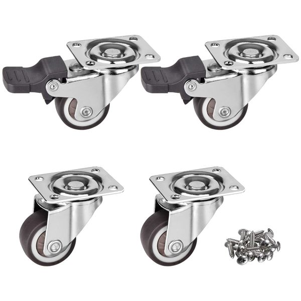 Moogiitools 4 Pack 1" Small Caster Wheels for Furniture Low Profile Soft Rubber Casters Swivel Plate Castors Rolling Smooth, Load Capacity 100 Lbs for Set of 4 (2 with Brake and 2 Without)