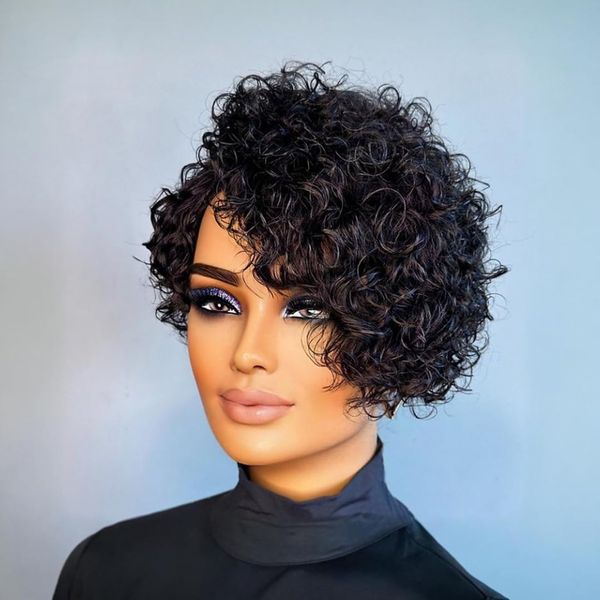 PurpleSexy8inch 180% Density Kinky Curly Real Human Hair Wigs for Women Pixie Cut Wigs for Black Women Short Layered Pixie Cut Curly Wigs With Bangs Glueless Full Machine Made Wigs