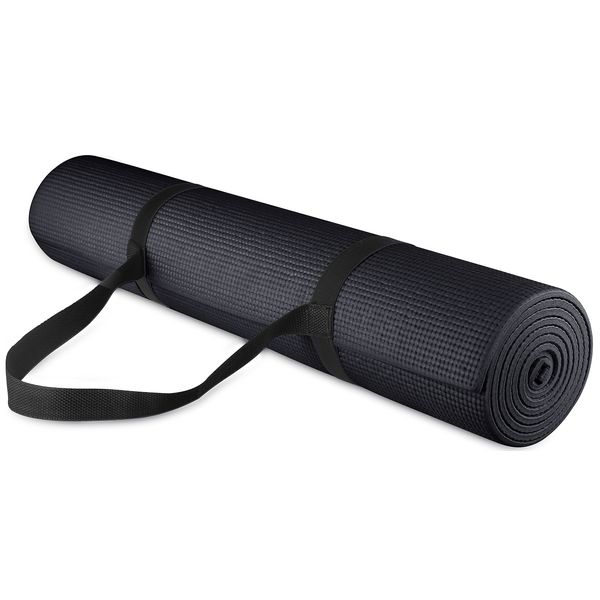 Signature Fitness All-Purpose 1/4-Inch High Density Anti-Tear Exercise Yoga Mat with Carrying Strap, Black