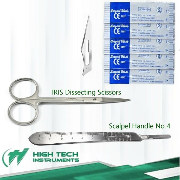 IRIS Micro Scissors Straight 4.5" + Scalpel Handle #4 + 10 Surgical Blades #25