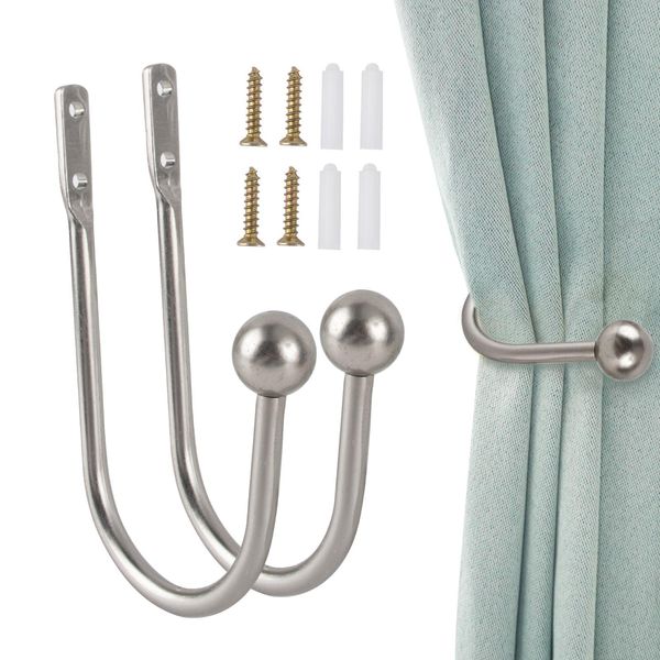 GWAWG 2 PCS Metal Curtain Holdback Decorative Curtain Drapery Holdbacks Arms Wall Mounted Curtain Tie Backs Drapery Holdbacks Hooks with Screws for Fixed Curtain and Hanging Clothes (Silver)