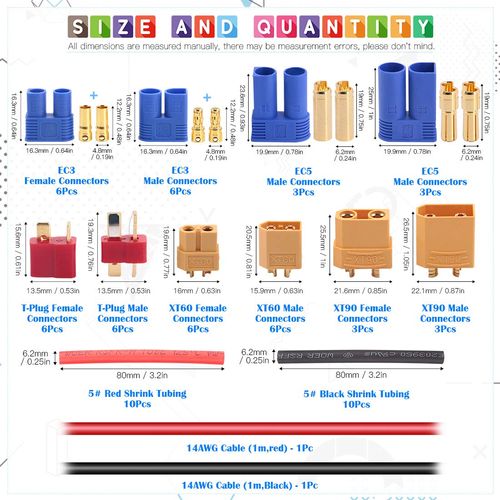 Glarks 76pcs T-Plug / XT60 / XT90 / EC3 / EC5 Male & Female Plug Adapter Connectors Kit [Including: 14 GA Silicone Wire and Shrink Tubing] for RC Lipo Battery Accessories