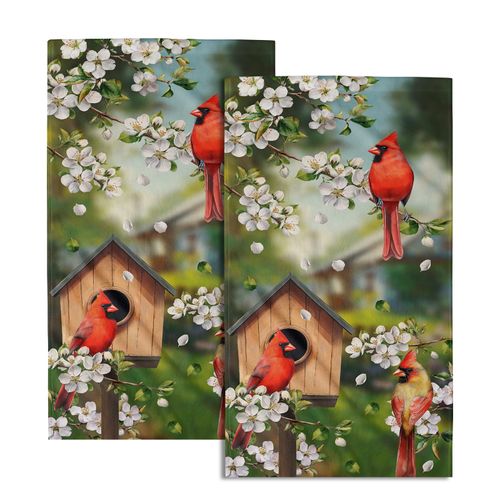 Giwawa Spring Birds Towel Set of 2 Summer Birdhouse White Flowers Decorative Hand Towels Seasonal Floral Soft Microfiber Face Tea Bar Towel Washcloth for Bathroom Guest Spa Hotel Holiday