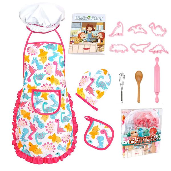 14Pcs Kids Apron Chef Hat Girls Cooking and Baking Set, Toddler Dress Up Kitchen Role Play Toys for 3 4 5 6 7 Years Old Gift(Dinosaur)