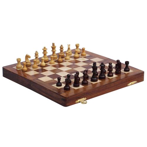 Magnetic Travel Chess Board Set - Classic Wood Staunton 7 X 7 Inch Pocket Chess Set with Folding Game Board Handmade in Fine Rosewood