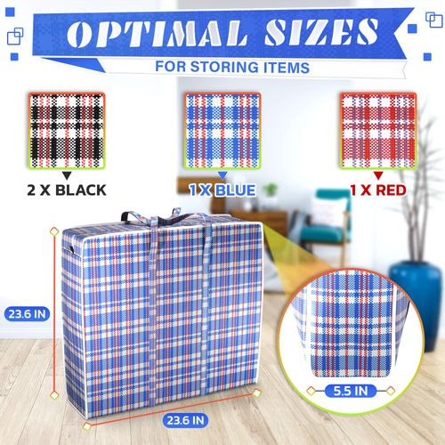 Extra Large Laundry Bag with Zipper - 4Pcs Heavy Duty Laundry Bag with Handles Storage and Organization Checkered Bags with Zipper - Plastic Clothes Storage Zipper Bags for Clothing Organizer