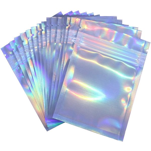 100 Pack Resealable Smell Proof Bags , NinBase Foil Ziplock Bags, Flat Clear Ziplock Food Storage Bags Plastic Packaging Foil Bags, Holographic Rainbow Color （4 x 6 inches）