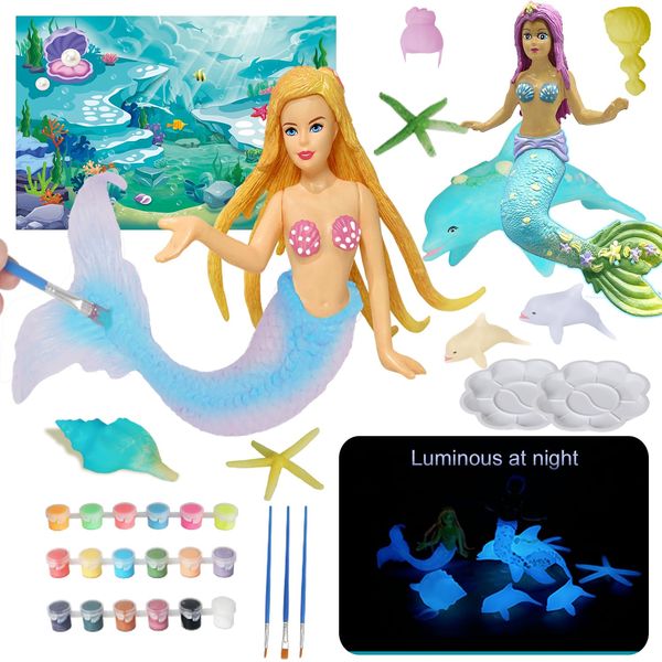 ekuzi Kids Magic Mermaid Craft Painting Kit, Glow-in-The-Dark Mermaid Toys, Changeable Hairstyles Kids Craft, Birthday Gift & Painting Party Favor for Girls Ages 4-9 Years Old