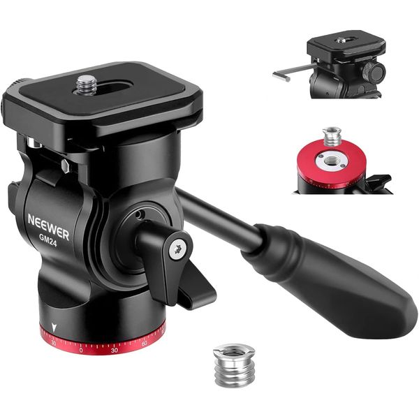 NEEWER Stativ Fluidkopf Pan Tilt Head mit Schnellwechselplatte und Griff, Metall Kamera Stativkopf kompatibel mit Arca Swiss für kompakt Videokameras DSLR Kameras, Belastbar bis zu 3kg,GM24(Rot)