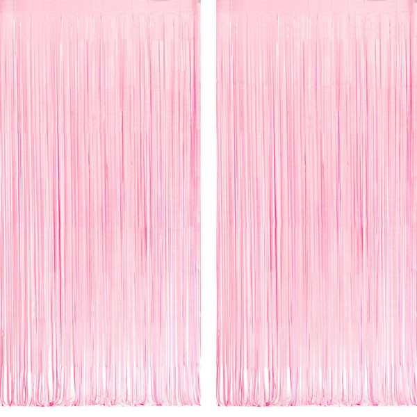 Pastel Pink Party Backdrop Decoration - GREATRIL Baby Pink Foil Fringe Streamers for Baby/Boo Day/Valentines/Cowgirl/Sweet/Cloud/Unicorn/Princess/Bow Themed - 3.2ft X 8.2ft - 2 Packs