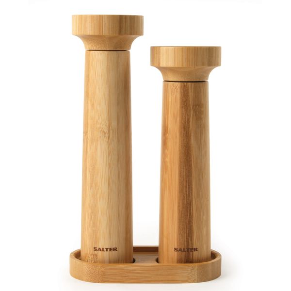 Salter 7614 WDXR Eco Bamboo Salt & Pepper Grinder Set - Solid Bamboo Mills with Stand, Manual Twist & Grind, Ceramic Mechanism, Fine to Coarse Adjustable Grinding, BPA-Free, 60g Salt/30g Pepper