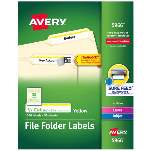 Avery TrueBlock File Folder Labels, 2/3" x 3-7/16", 1,500 Printable Labels, White/Yellow, Permanent (5966)