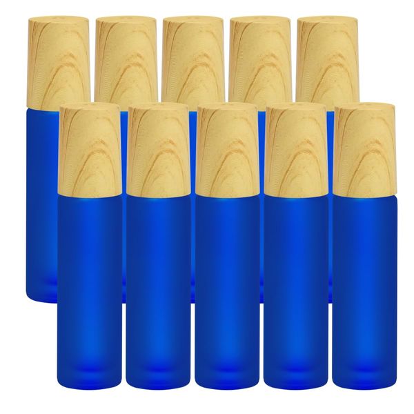 Frosted Glass Essential Oil Roller Bottles, 10pcs Dark Blue Frosted Glass Roller Bottles with wood grain cap & Stainless Steel Roller Balls Essential Oil, 10ml Empty Perfume Bottles(Dark Blue)