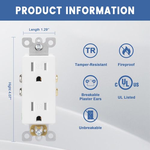 ThunderWay 10-Pack of Tamper-Resistant Decorator Wall Receptacles, UL Listed, Residential Grade, Self-Grounding, 2-Pole, 15A 125V, 1875W, White