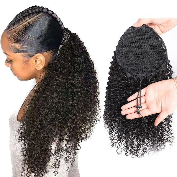 Kinky Curly Ponytail Extensions Human Hair Wrap Drawstring Adjustable Clip In Pony Tail 3C Afro Curl Natural Black (20")