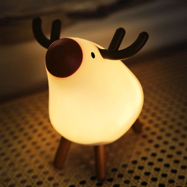 USERWATS Reindeer Night Light, Stepless, Dimmable, Safe Silicone, Daylight White/Warm White, Freely 4 Levels Off Time, USB Charging, 50+ Hours of Continuous Time, Healing Present, Bedside Lamp,