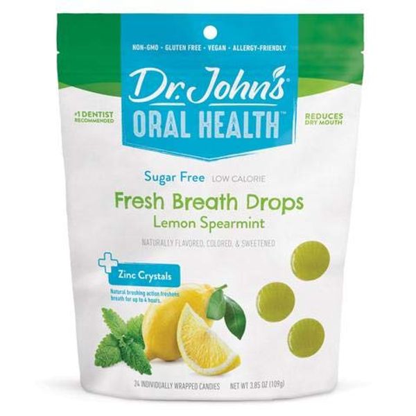 Dr. John’s Oral Health Sugar Free Candy, Healthy Fresh Breath Drops with Zero Sugar, Low Calorie Snacks, Hard Candy Sweets, Lemon Spearmint Flavor, 24 Count, 3.85 OZ