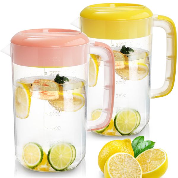 Jucoan 2 Pack 1 Gallon Plastic Straining Pitcher, Large Drink Pitcher Water Carafe Jug Clear Ice Tea Maker Beverage Pitcher with Strainer Cover, Handles, Measurements (Pink + Yellow)