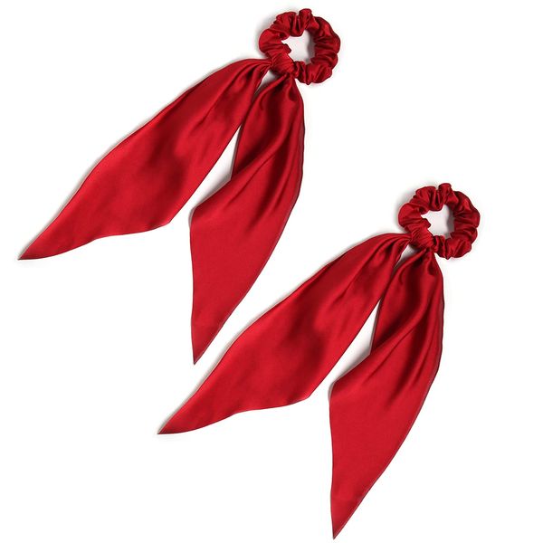 Pack of 2 Knotted Bow Hair Scrunchies Elastic Hair Scarf Black Hair Ties Bands Satin Hair Ribbon Scrunchy Red Ponytail Holder for Women and Girls (Burgundy)