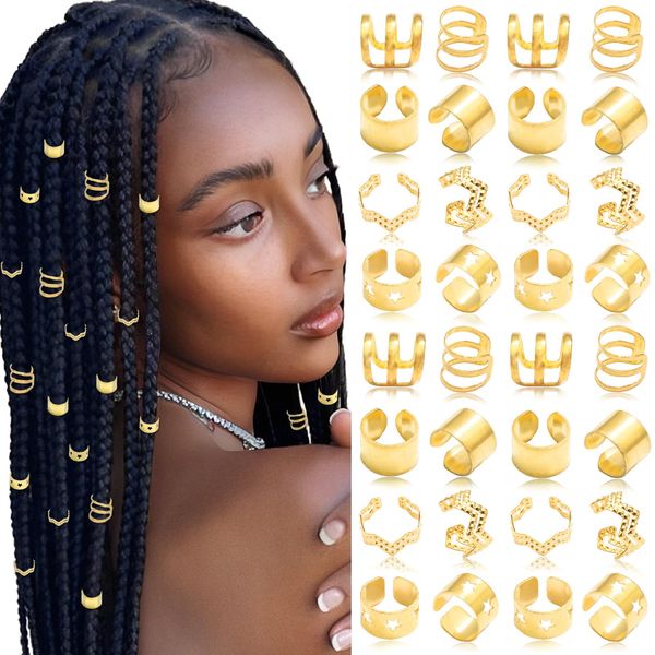 VENOFEN 40PCS Hair Jewelry for Braids Gold Braid Clips Non-Piercing Ear Cuffs Multi Style Dreadlock Jewelry Metal Loc Braids Accessories Hair Decoration for Women and Girls