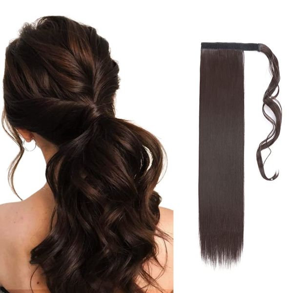 26" Long Straight Wrap Around Ponytail Clip in Hair Extensions One Piece Hairpiece Magic Tape in Pony Tail Extension for Women Dark Brown