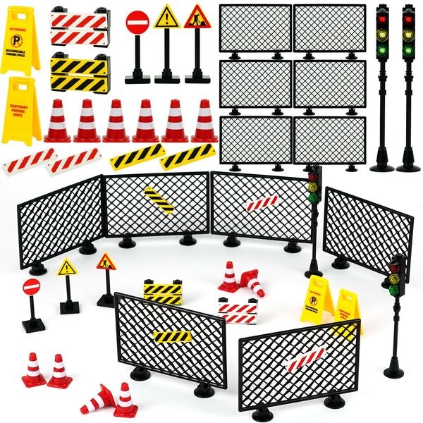 Pasacho City Road Signs Bricks Accessories, Construction Site Street Signs, Mini Traffic Cones & Crosswalk Signal Toys for Kids Building Blocks Toys for Boys