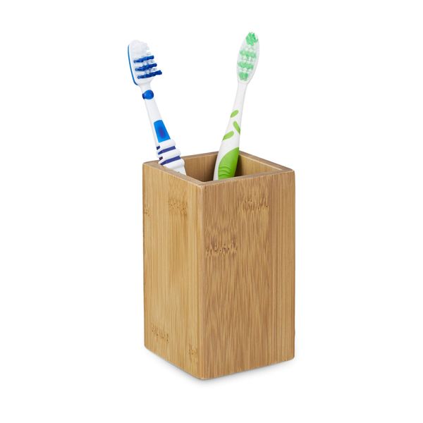 Relaxdays Bamboo Square Toothbrush Holder with Natural Design, Brown, 11.5 x 6.5 x 6.5 cm