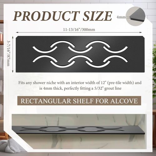 Teenyyou Aluminum Shower Niche Rectangular Shelf for 12" Prefabricated Board SN/-SNLT Niche Fits 5/32" Grout Line, 4mm Thick, Bathroom Wave Design, Matte Black Finish