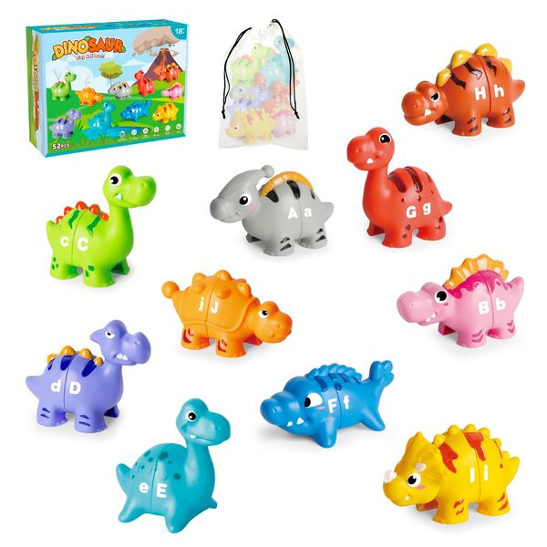 Jetbotell 52 PCS Dinosaur Alphabet Learning Toys for Toddlers 2-4, 10 Different Dinosaur Figures, Double Sided ABC Matching Game, Preschool Activities Montessori Fine Motor Toys for Toddlers Kids