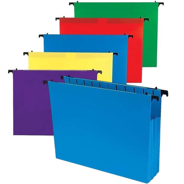 1InTheOffice Poly Expanding Hanging File Folders Letter Size, Hanging File Pocket, File Cabinet Dividers, Assorted, 5/Pack