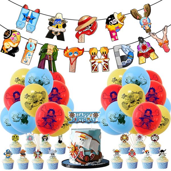 Birthday Party Supplies for One Piece, Cartoon Piece Theme Party Decorations Includes Birthday Banner, Cake Topper, Cupcake Toppers, Balloons