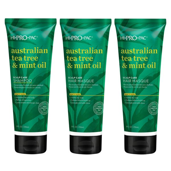 Hi-Pro-Pac Australian Tea Tree and Mint Oil Shampoo and Hair Masque (3-Pack) - 1 Scalp Care Shampoo and 2 Hair Masks - Soothes Dry Scalp, Hydrates and Detangles Hair, Enhances Hair Shine