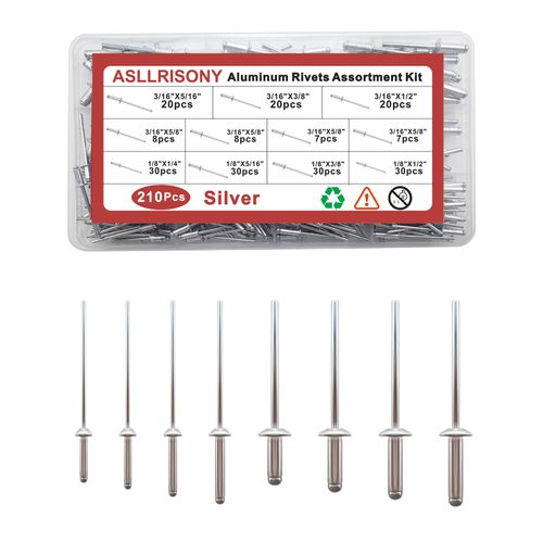ASLLRISONY 210pcs Rivets Pop Rivets Assortment Kit, 8 Sizes Aluminum Rivets (3/16'',1/8''),Aluminum blind pro Rivets for DIY/Automotive Repairs/Metal/Furniture/Instruments(Silver)