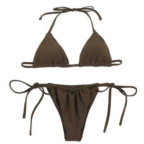 LUNNTE Women's Halter String Bikini Set Sexy Thong Naughty Two Piece Swimsuits Plain Swimwear, brown, S (LW21)