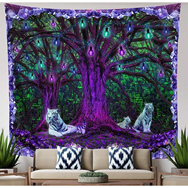 Trippy Forest Tapestry, White Tiger Nature Wall Hanging, Zen Decor for Bedroom Living Room Dorm, 58x51 inches