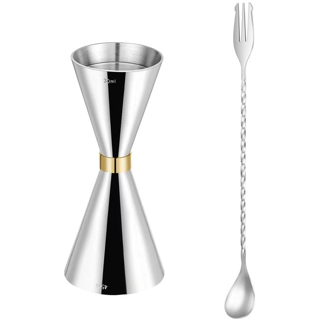 Jigger Cup Stainless Steel Measuring Cups Ounce Cups Graduated Cups Cocktail Measuring Cups Stainless Steel Double Headed Bar Spoons Cocktail Spoons (Set of 2)