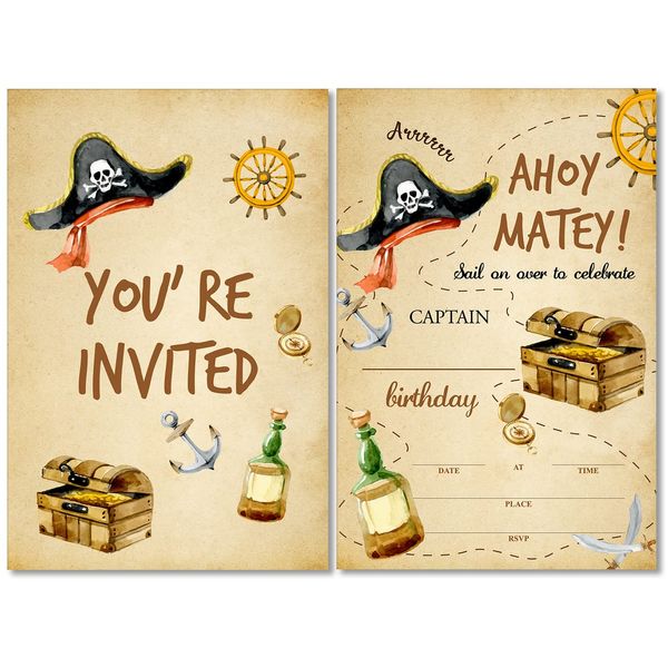 Soiceu Pirate Birthday Party Invitations with Envelopes Set of 20 Pirate Treasure Map Kids Birthday Party Invites