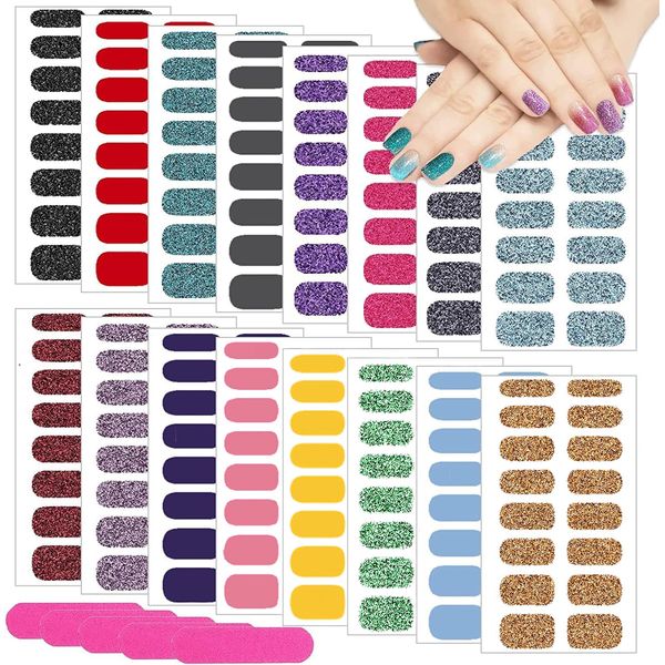 Adesivi per Unghie, 16 Fogli 256 Pezzi Glitter Smalto Adesivo per Unghie con 5 Lima per Unghie, Adesivi Unghie Nail Art Stickers Unghie Nail Art Decalcomanie per Decorazioni Unghie