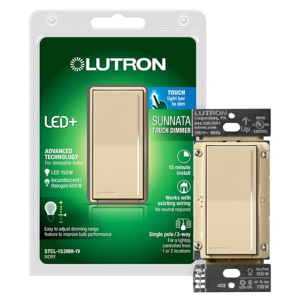 Lutron Sunnata Touch Dimmer Switch with LED+ Advanced Technology, for LED, Incandescent and Halogen, 3 Way/Multi Location, STCL-153M-IV, Ivory