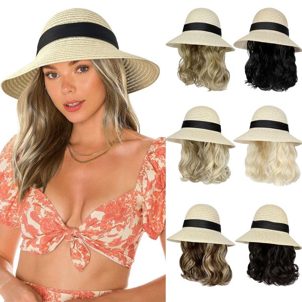 Lansigreen Sun Hat with Hair Extensions Hat Wig UPF 50+ Foldable Wide Brim Straw Beach Hat Attached 9" Wavy Hairpiece Synthetic for Women Summer Dark Brown