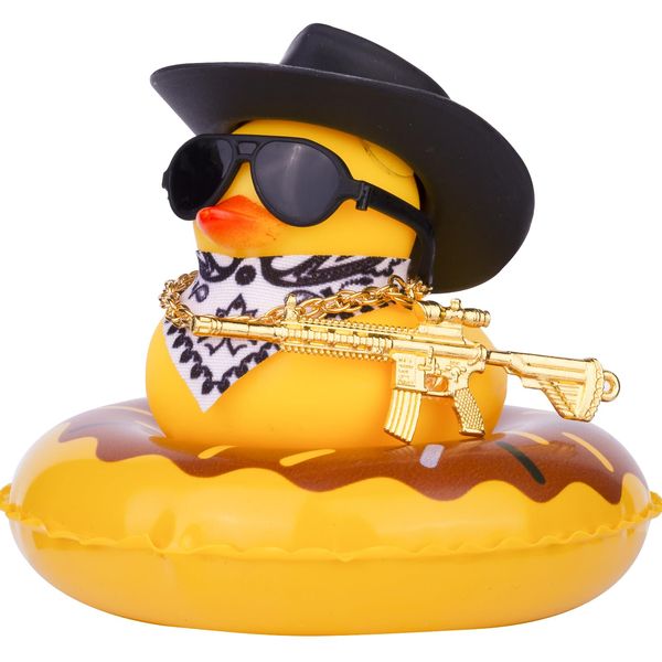 MuMyer Cowboy Duck Car Dashboard Decoration Swim Ring Car Rubber Duck Decoration Accessories with Mini Swim Ring Cowboy Hat Scarf Necklace and Sunglasses(Black Hat)