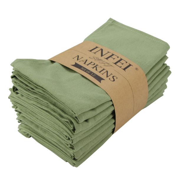 INFEI Solid Color Cotton Blended Dinner Cloth Napkins - Set of 12 (17 x 17 inches) - for Events & Home Use (Olive)