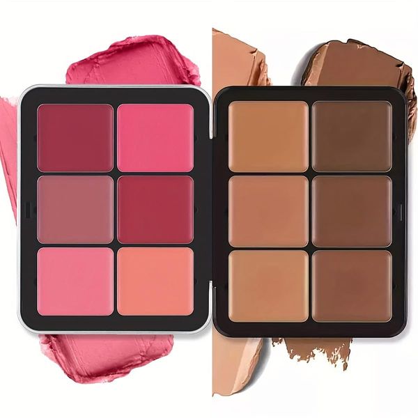 12 Farben Concealer & Rouge Palette, 2 in 1 Matte Creme Rouge Concealer Palette, Langlebig, wischfest, natürlich aussehend, verblendbar, Mattes Finish Rouge Concealer Gesicht Make-up-Palette (#02)