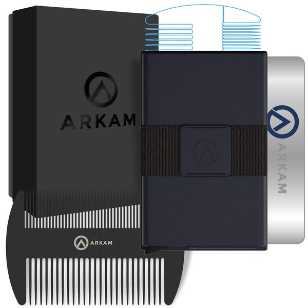 Arkam Beard Comb Wallet - Premium Pocket Mens Comb & RFID Quick Trigger Card Smart Wallet, Fine Tooth Mustache Comb for Men, Minimalist Wallet for Men, Beard Straightener Comb (Matte Black)