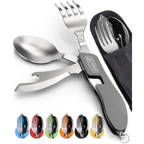 Orblue 4-in-1 Camping Utensils, 2-Pack, Portable Stainless Steel Spoon, Fork, Knife & Bottle Opener Combo Set - Travel, Backpacking Cutlery Multitool