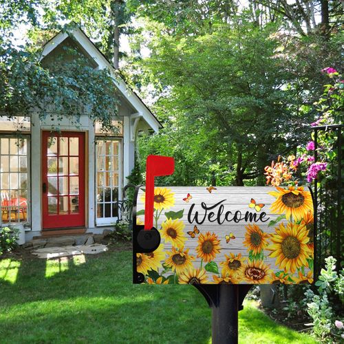 Dacawin Summer Sunflowers Welcome Mailbox Covers Magnetic Standard Size Yellow Flower Mailbox Post Cover Spring Floral Mailbox Wraps Outdoor Decor for Garden Yard 21x18 Inch