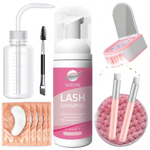 SVECKE Lash Shampoo Kit, 2 fl.oz / 60ml Eyelash Cleanser, Eyelash Shampoo for Lash Extensions, Lash Cleaning Kit with Lash Fan Dryer, Eyelash Remover for Salon and Home Use