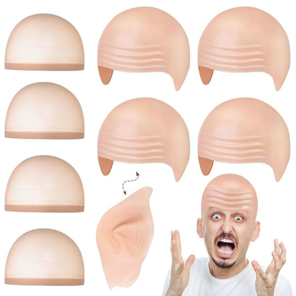 QINLECTRI 4 Packs Halloween Makeup Latex Bald Caps with 4 Nylon Wig Caps, Halloween Bald Caps Makeup Professional Bald Cap for Halloween Party Adult Costume Accessories, Novel Style